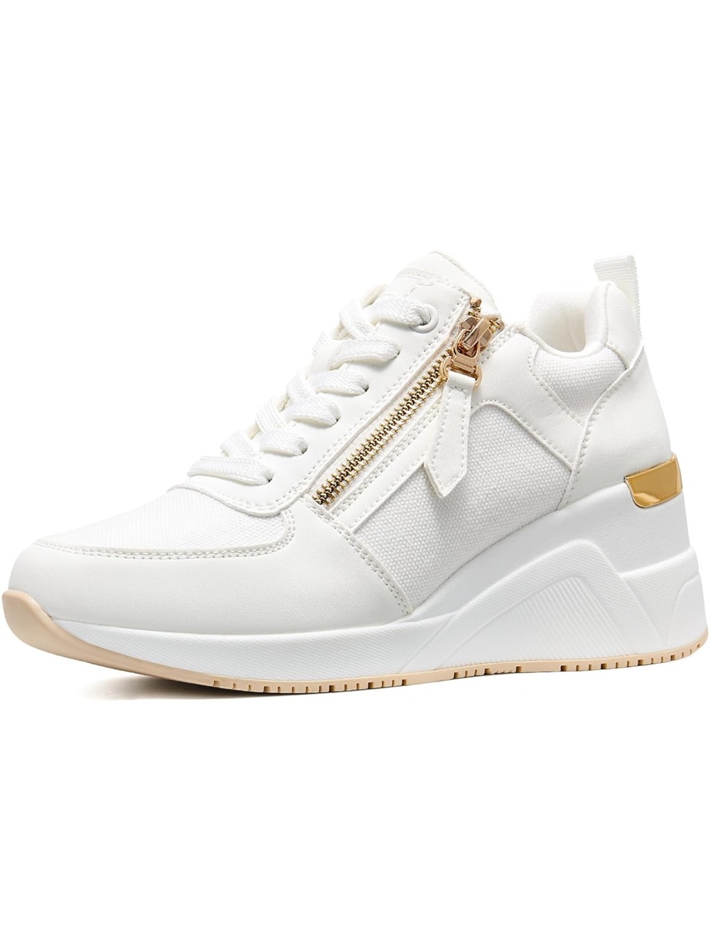 Viscozzy White Hidden Wedge Platform Sneakers Gold Zipper Trim Size 8